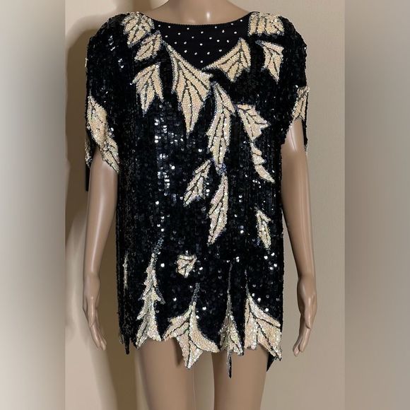 80’s Sequins & Beads Flapper Mini Dress Tunic Black & Blush SPARKLING EUC Sz S/M - Picture 1 of 16